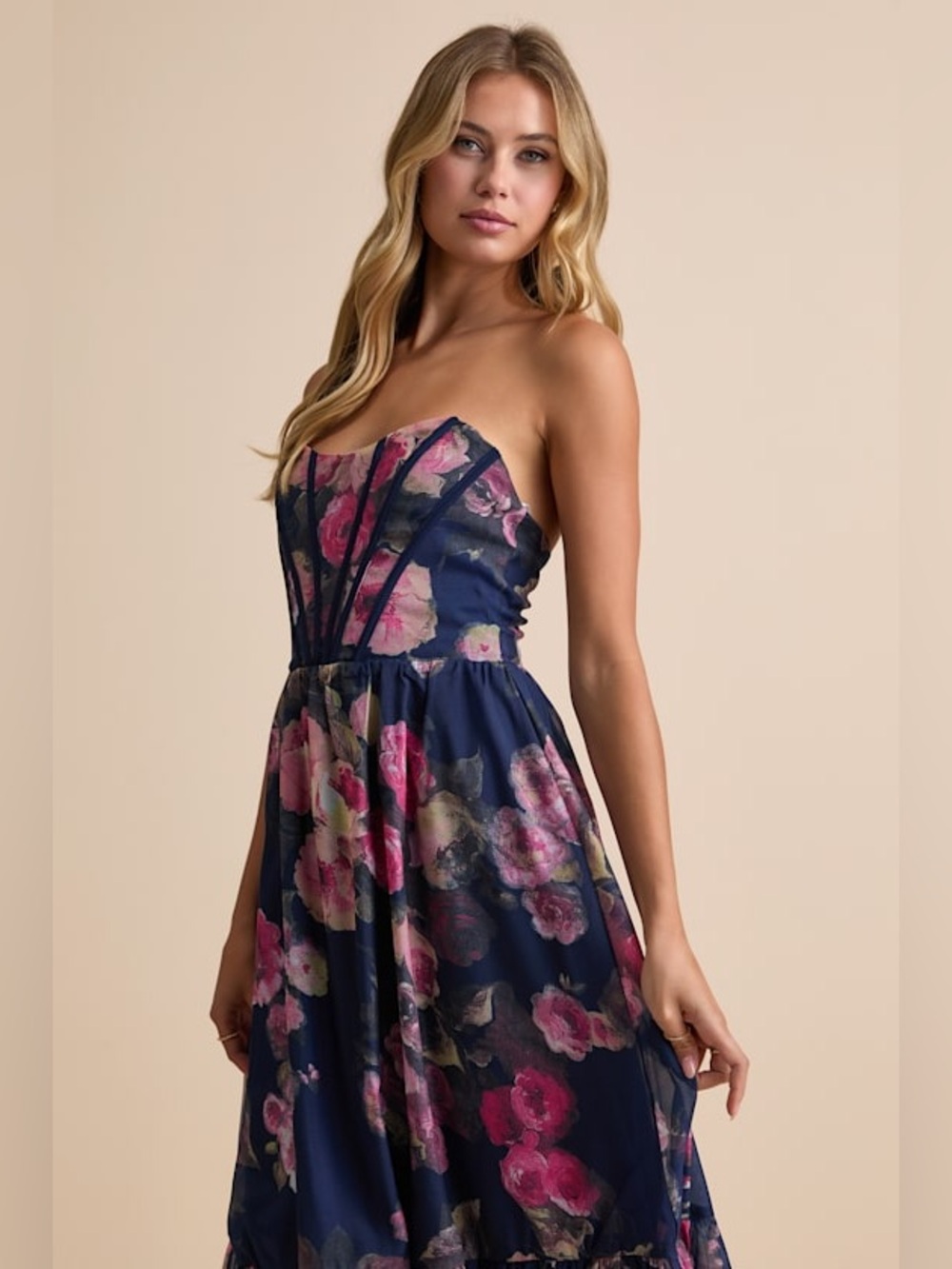 Lulus Roane Navy Floral Organza Bustier Maxi Dress Size M NWT - Picture 4 of 12